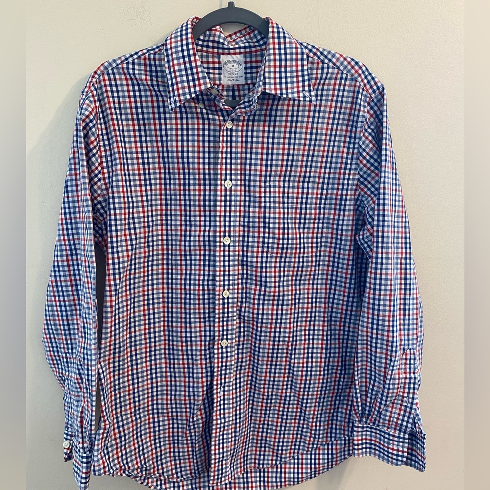 Mens Brooks Brothers Regent Red White Blue Plaid Checks Button Down Size Medium
